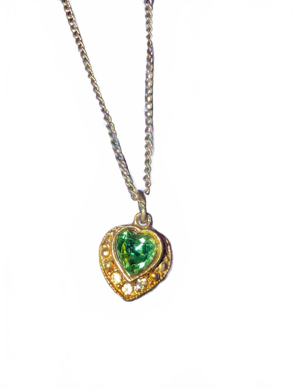 Gold Tone Heart Pendant Necklace with Green Gemstone
